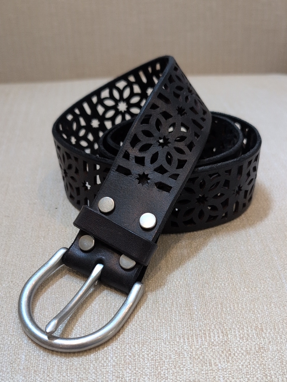 Black Laser-Cut Floral Leather Belt Silver Buckle Adjustable
